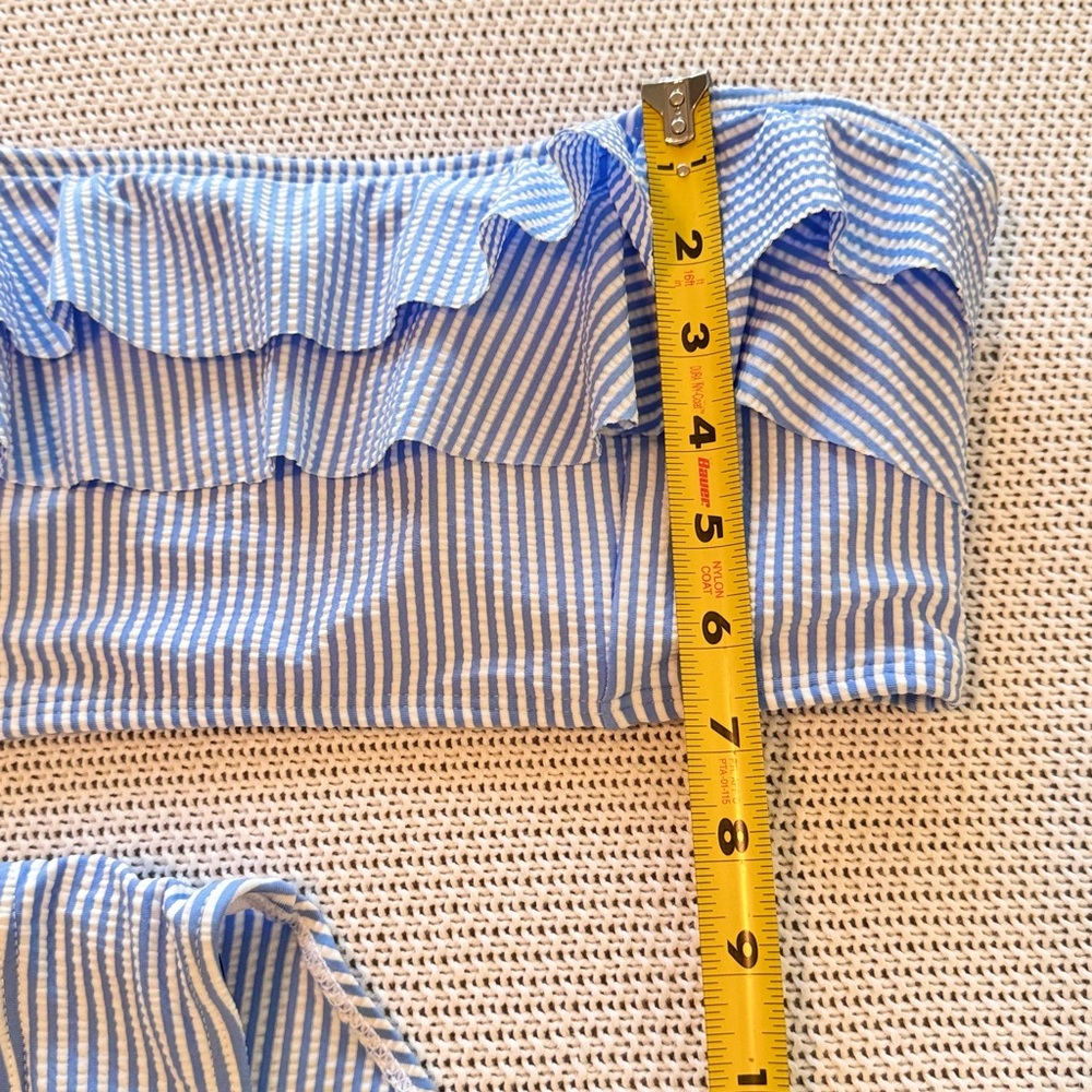 Seersucker Ruffle Bandeau Blue & White Striped Bikini Swimsuit - Picture 12 of 13
